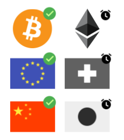 Icons showing Bitcoin, Ethereum, EU, Swiss, Chinese flags and other blockchain platforms with validation indicators