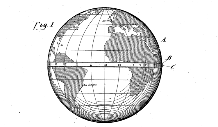 Technical diagram Fig 1 of world globe with grid lines and technical annotations