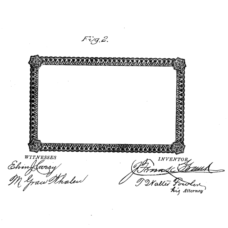 Patent certificate Fig. 2 with ornate decorative frame and signature areas