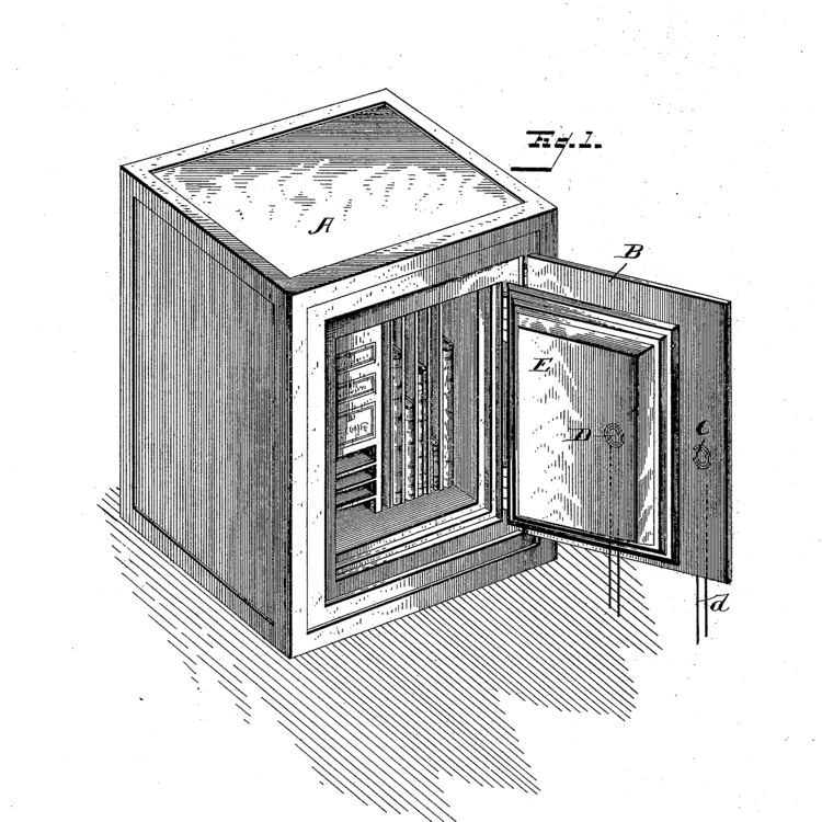 Technical diagram Fig 1 of a secure storage vault with open door showing internal mechanisms